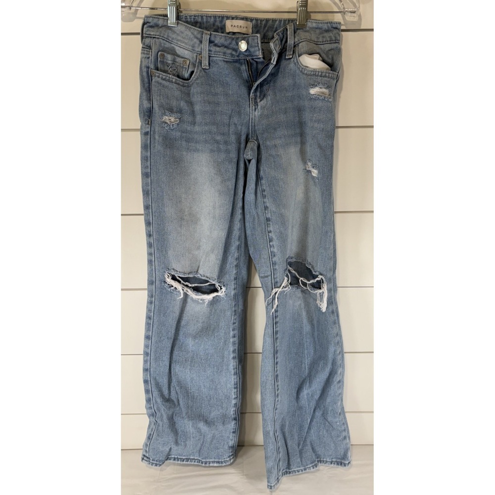Pacsun‎ Zoe Low Rise Baggy Girlfriend Jeans Light Blue Ripped Knee Wash Size 23